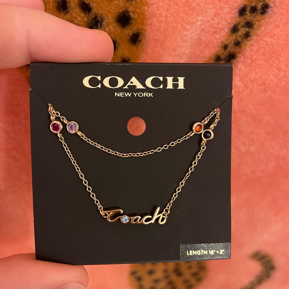 Coach Gold-Tone Double Layer Logo Necklace with Multicolor Stones